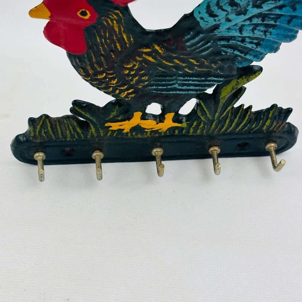 Vintage Cast Iron Rooster Chicken Key Rack Wall Mount 5 Hook Farmhouse Country